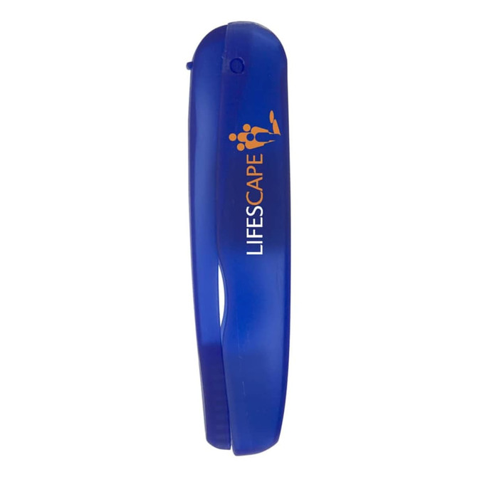 A folding travel toothbrush in a blue casing with a logo.