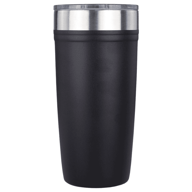 A drink bottle featuring a sleek black design with a stainless steel rim and a clear lid. It has a branding logo.