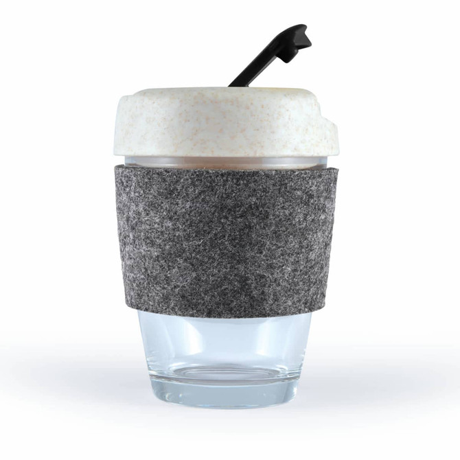 A reusable coffee cup featuring a clear glass design with a textured grey RPET band and a light-colored lid.