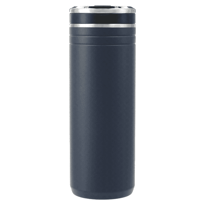 A drink bottle in navy blue, featuring a sleek design and a silver band, with a removable straw top.