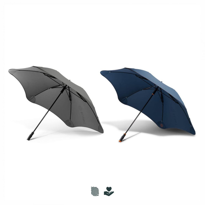 A BLUNT Sport Umbrella featuring black and navy blue colours, with a logo.