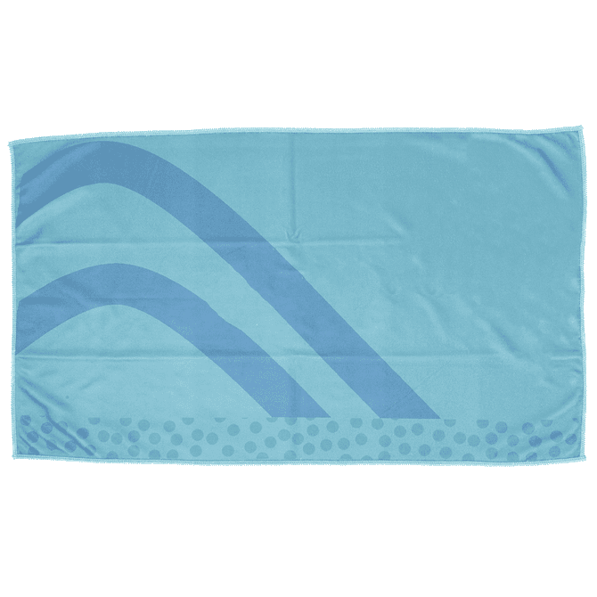 A blue sublimated tea towel featuring abstract wave designs in a darker shade. Includes a logo.