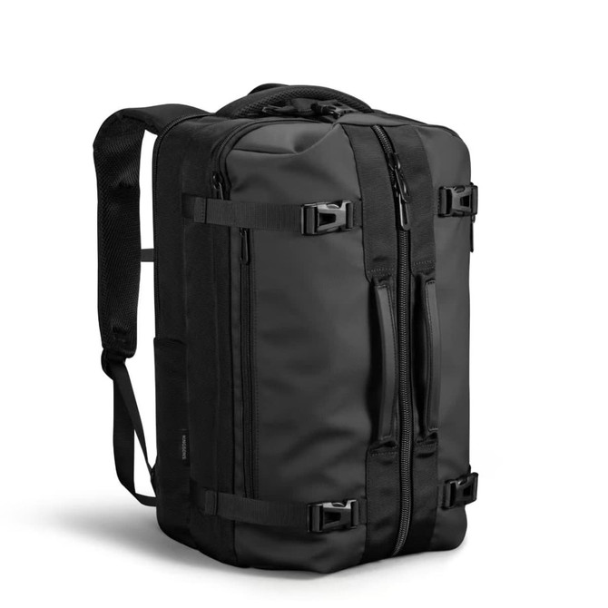 A black backpack with multiple straps, zippers, and a sleek, minimalist design. It features a logo on the front.