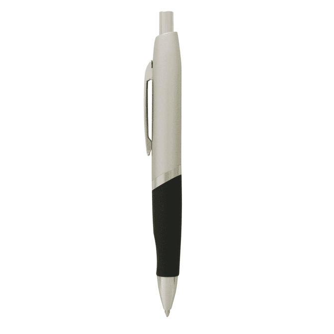 A silver metal pen with a rubber grip and a clip, featuring a push-button mechanism.