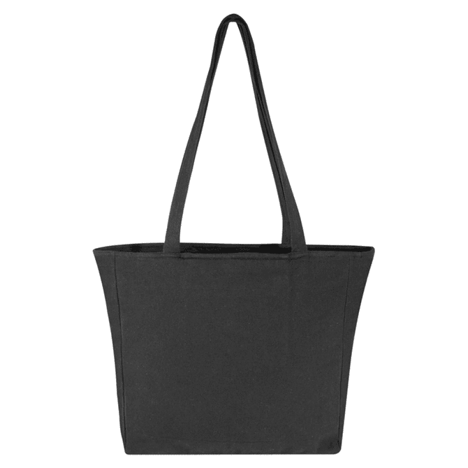A black tote bag with long handles and a simple design. Includes a logo on the front.