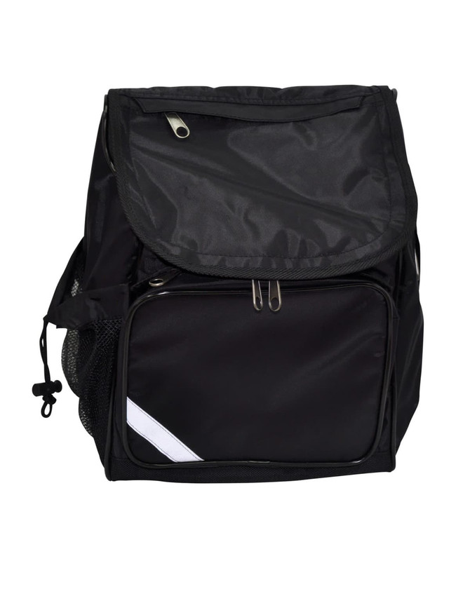 A black school bag featuring a top flap, side mesh pocket, and a front zippered compartment.