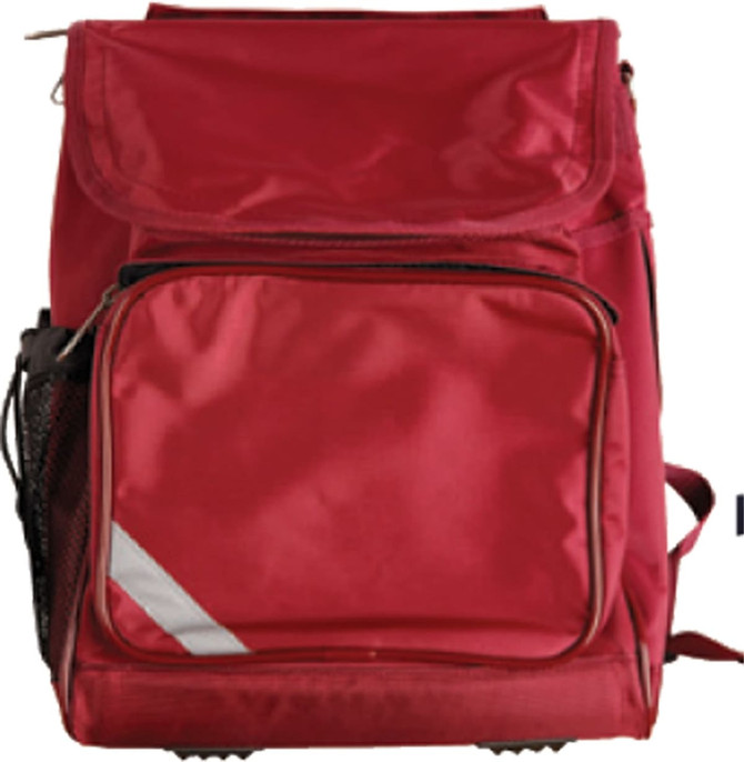 A red school bag with a front pocket, side mesh pocket, and a reflective stripe. It has a logo on the front.