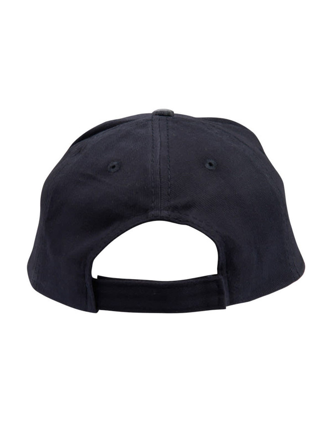 A black suede peak cap featuring a back opening and a label.