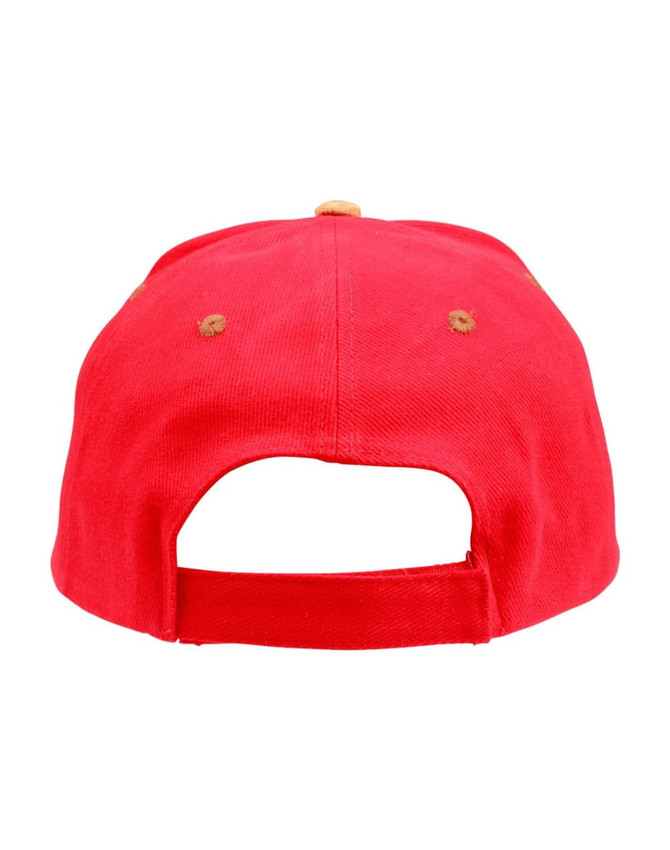 A red suede peak cap featuring a back adjustable strap and a logo.