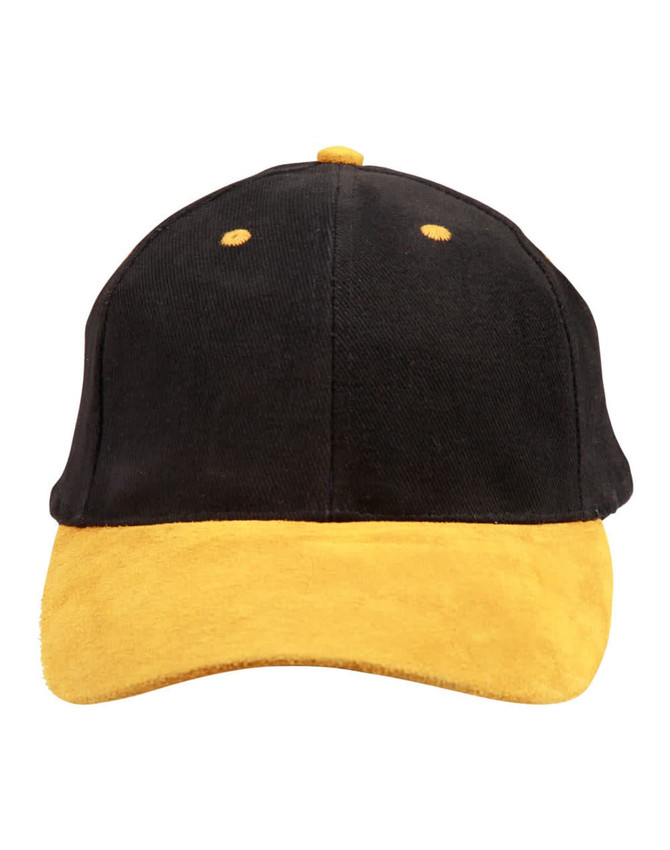 A black peak cap with a yellow suede visor and yellow accents, featuring a logo on the front.