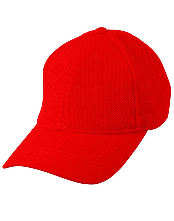 A red fitted structured cap made from mesh fabric, featuring a curved brim and a branding logo.