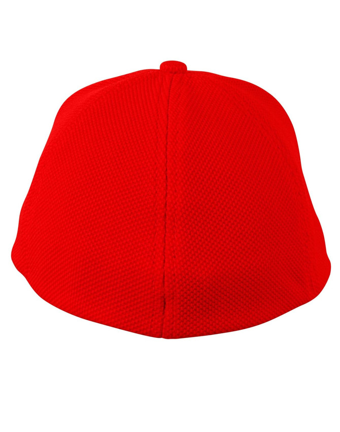 A red mesh fitted structured cap featuring a curved brim and a logo on the front.