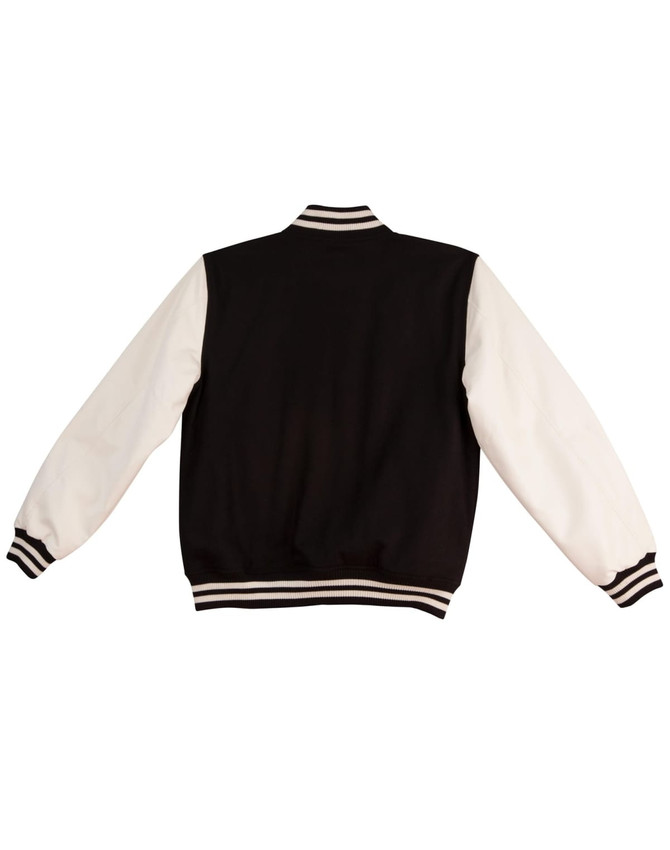 A kid's varsity jacket featuring a black body and white sleeves, complete with striped collar and cuffs.