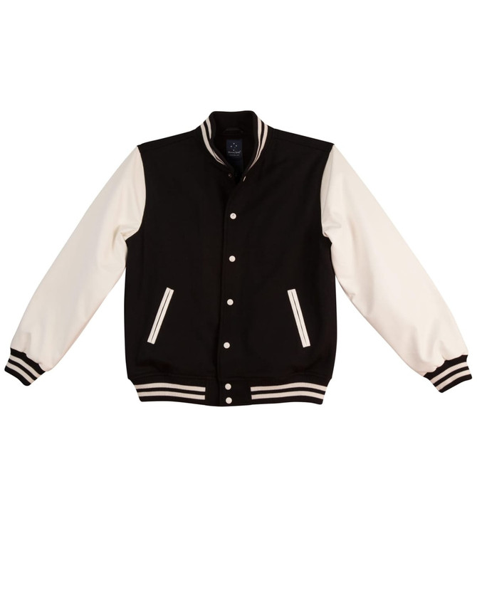 A black and white kid’s wool blend varsity jacket with a striped ribbed collar and cuffs, featuring front pockets and a logo.