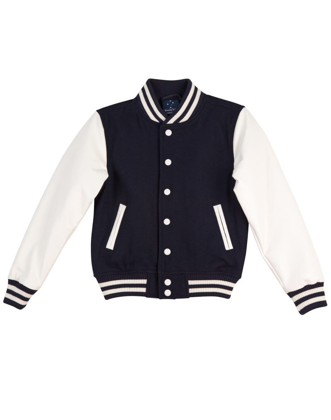 A navy and white kid's wool blend varsity jacket with ribbed cuffs and a collar. It features a logo.