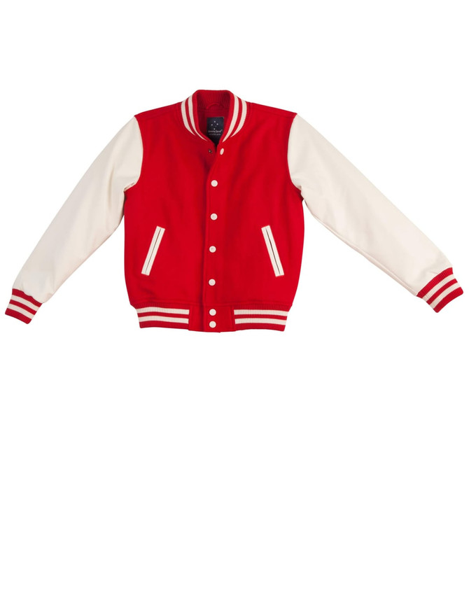 A red and white wool blend varsity jacket with striped cuffs and a logo on the chest.