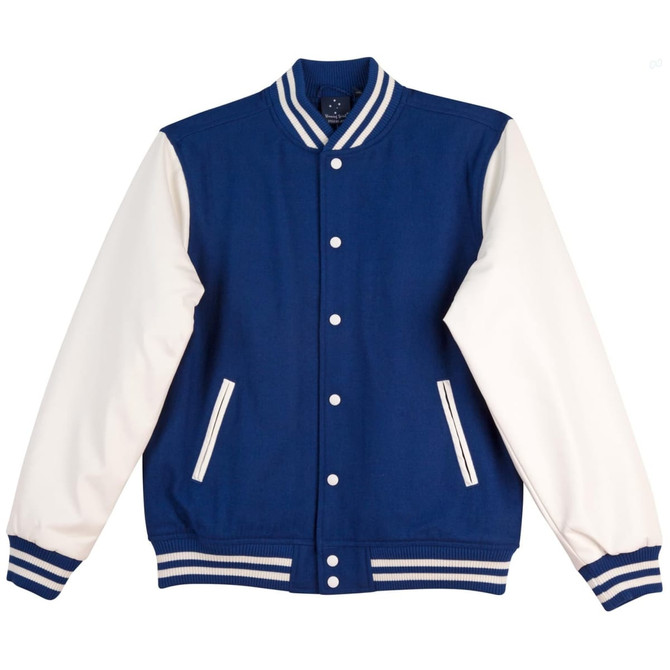 A kid's wool blend varsity jacket featuring a blue body and white sleeves, with striped detailing and front pockets.