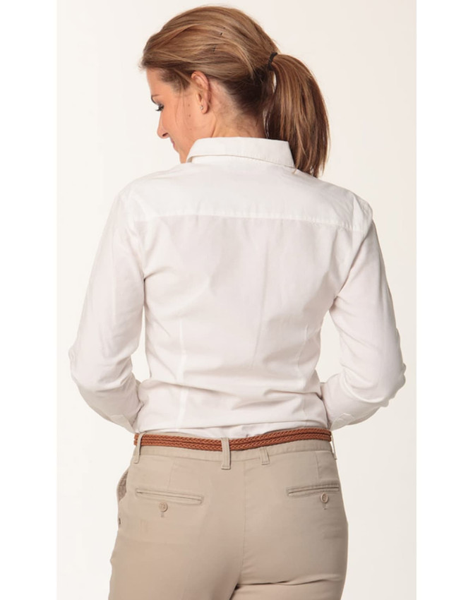 A women's long sleeve shirt in white, featuring a collar and button-up design, with a visible back view.