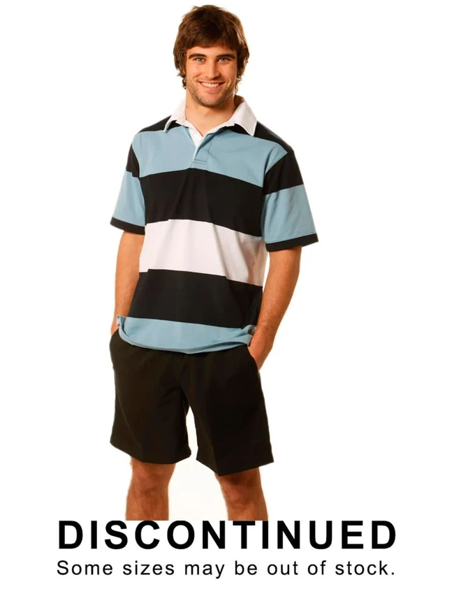 A men's short sleeve rugby top in blue, white, and black stripes, featuring a collar and an emblem.