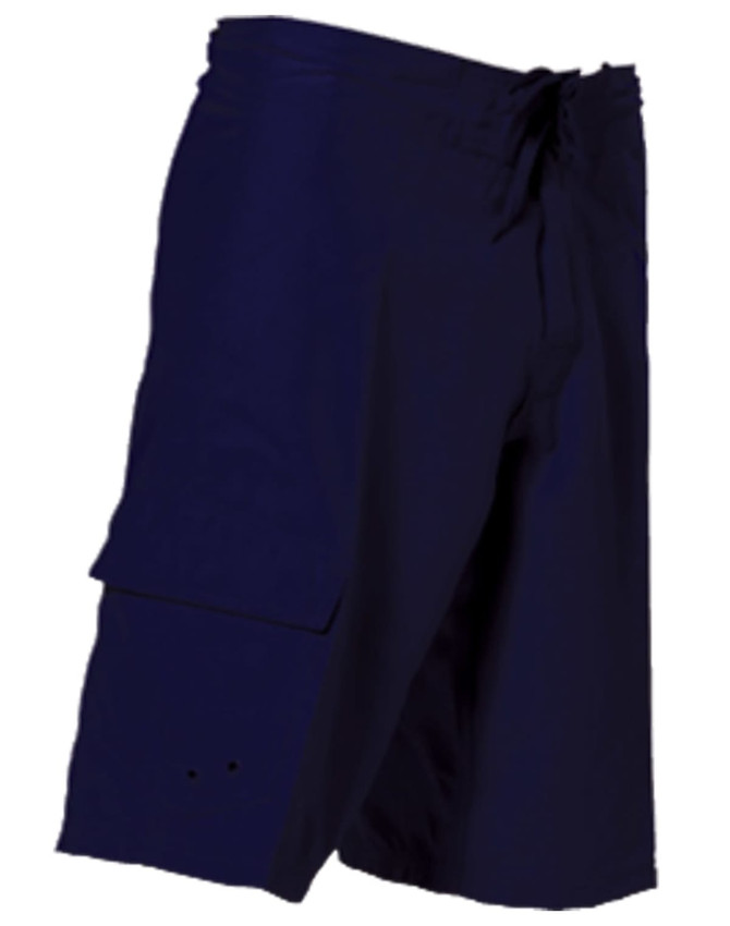 Men's surf shorts in navy blue, made from 100% polyester with a peach finish, featuring a side pocket and drawstring.