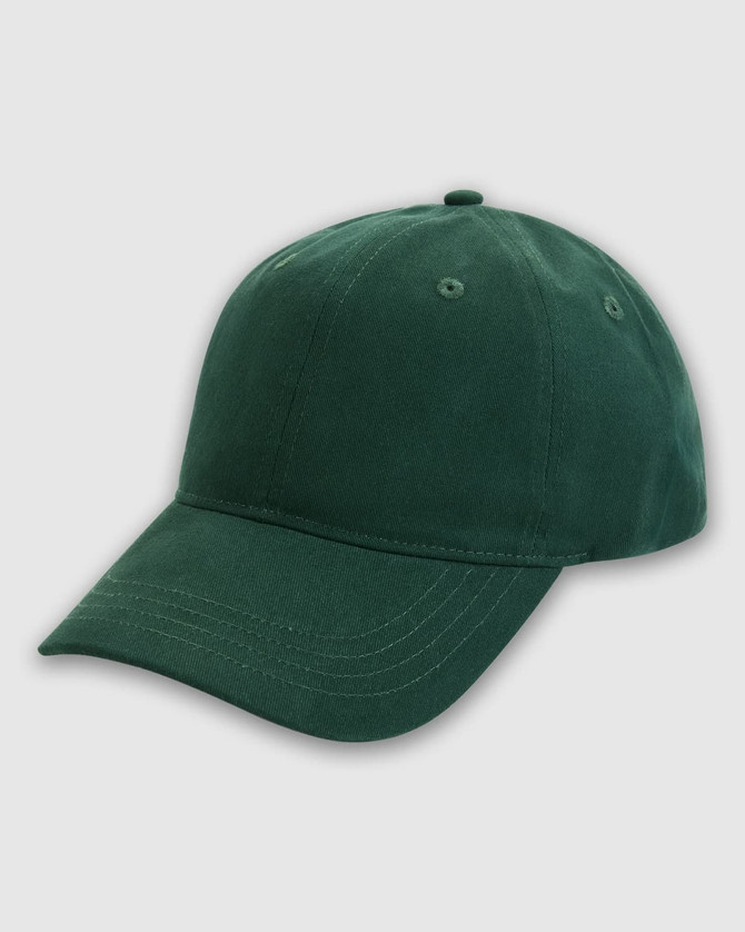 A green cap with a curved brim and an adjustable strap, featuring a logo on the front.