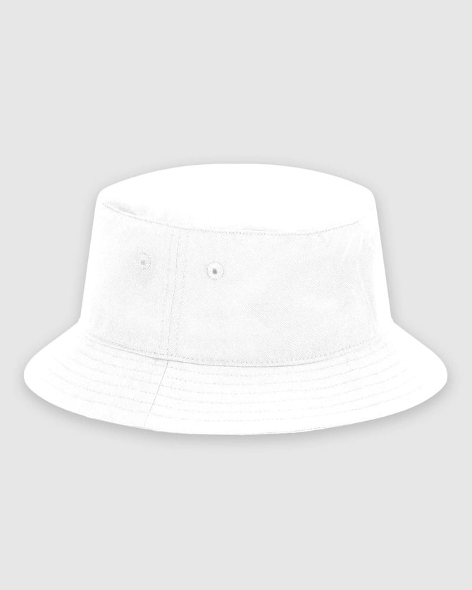 A white bucket hat featuring a simple design and branded logo, made for youth headwear.