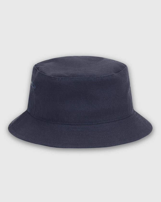 A navy blue bucket hat with a wide brim and a logo on the side. Suitable for youth headwear.