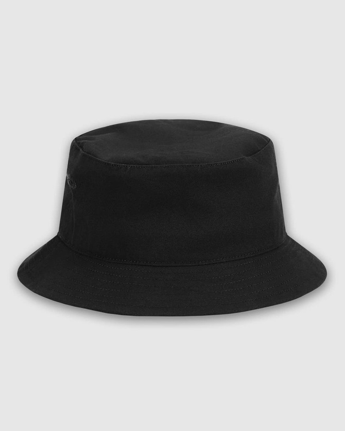 A black bucket hat featuring a wide brim and a logo on the side. Suitable for casual wear.