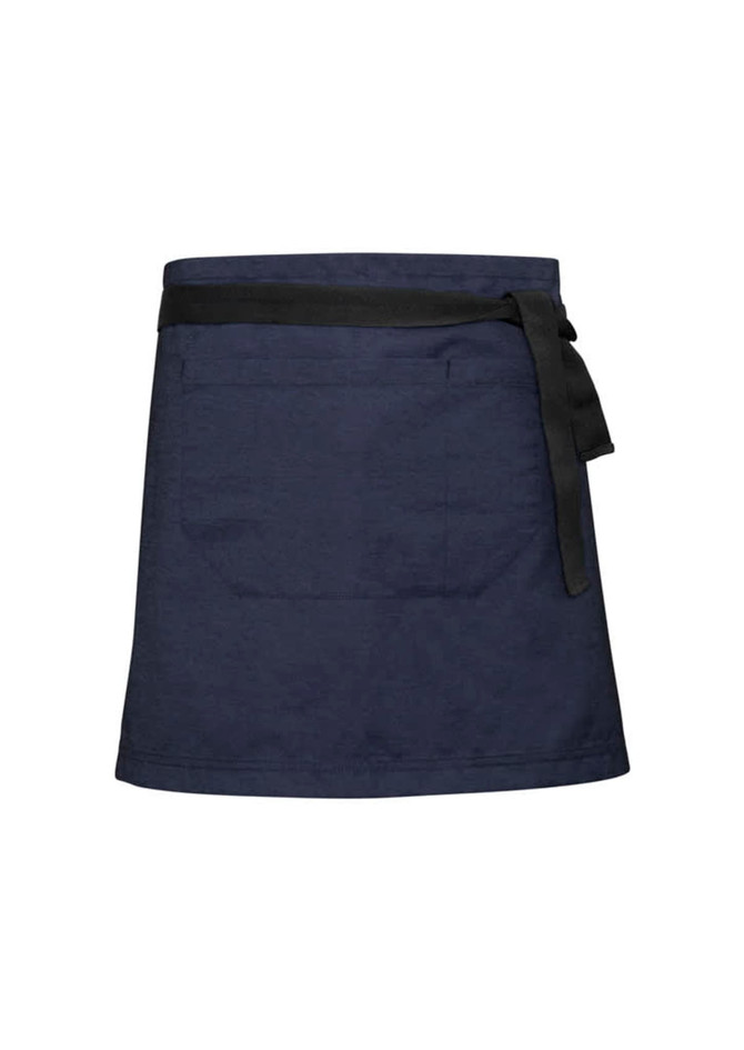 A navy waist strap featuring a black tie and a pocket, designed for chefwear. Includes branding.