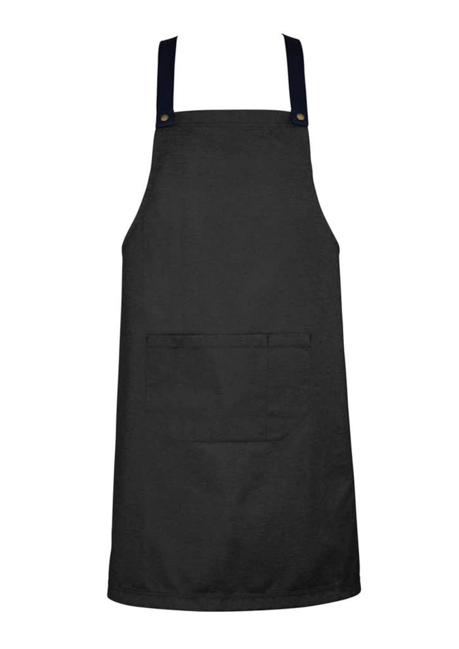 A black apron with adjustable dark straps and a front pocket, featuring a logo.
