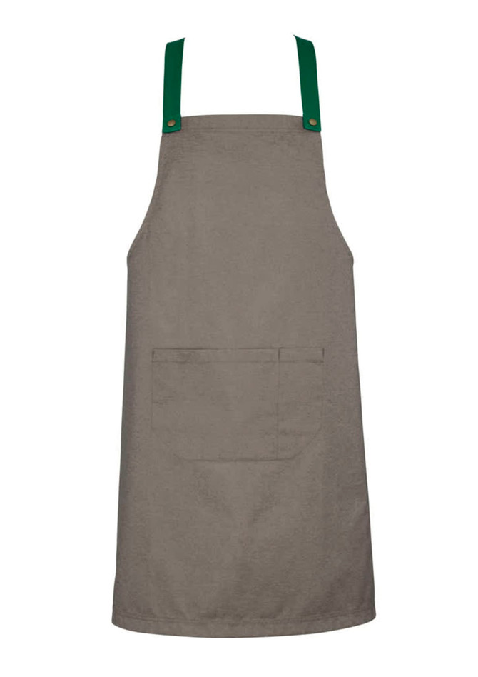 A khaki apron with green bib straps and a front pocket, featuring a logo on the straps.