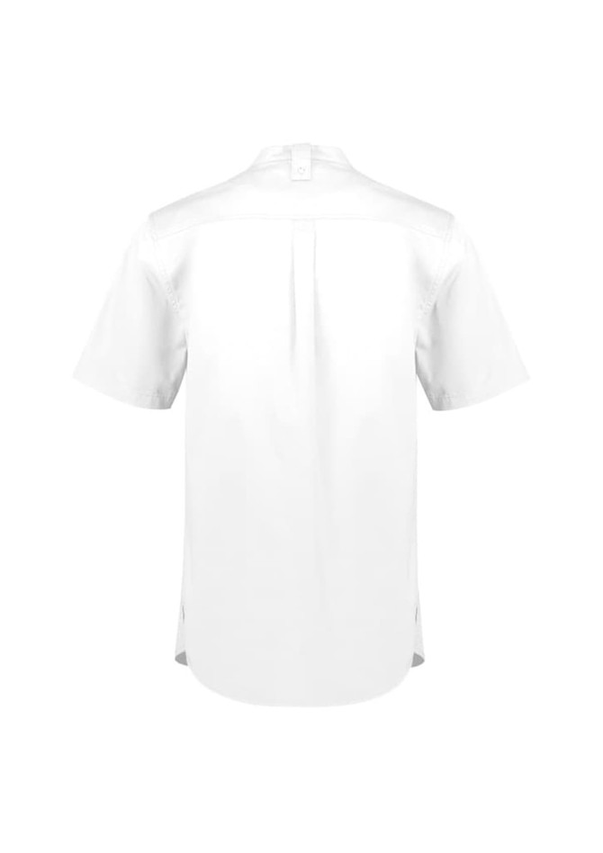 A white short sleeve chef shirt with a back pleat and side vents, featuring a logo.