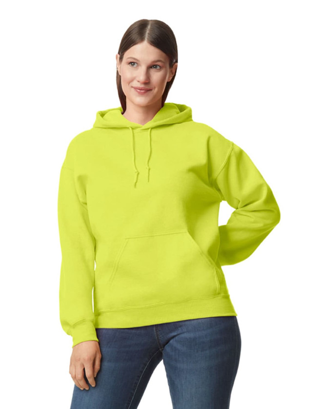 A bright yellow hooded sweatshirt with a front pocket and drawstring, worn by a model.
