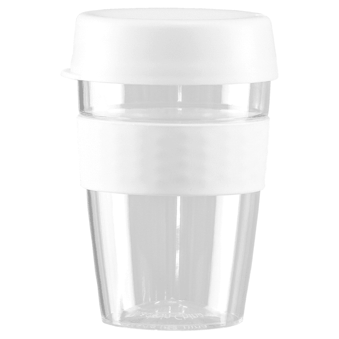 A drink bottle made of clear plastic with a white lid and band, featuring a stylish design.