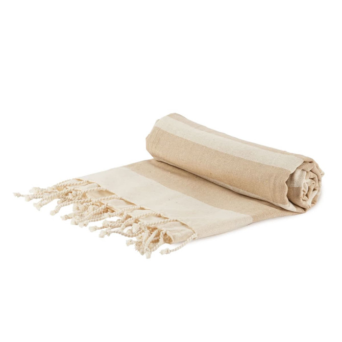 A rolled beige and cream striped picnic blanket with fringed edges, featuring a simple design. It has a logo.