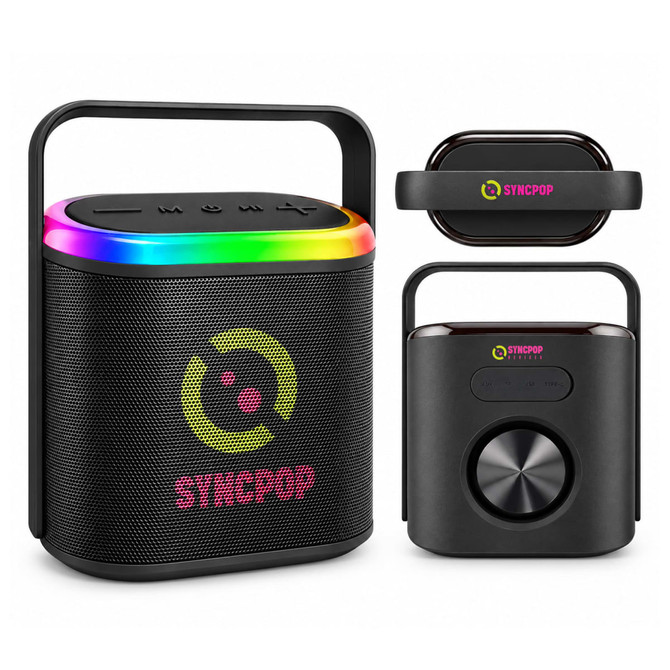 A Bluetooth speaker in black with a colourful light band on top, alongside a smaller black device with a knob, both featuring a logo.