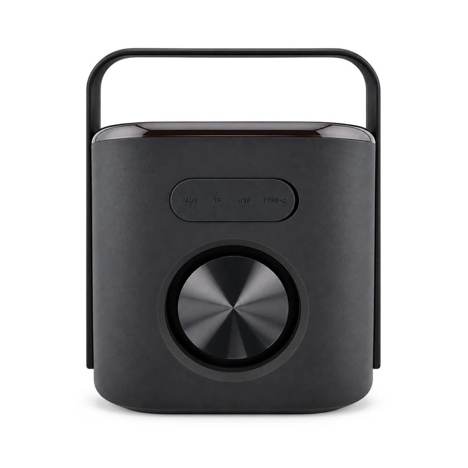 A black Hudson Bluetooth speaker with a round control dial and a handle at the top.