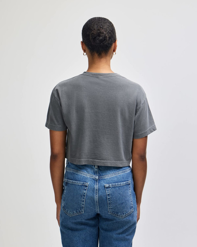 A grey crop boxy t-shirt made from heavyweight cotton, featuring a simple design and a logo.