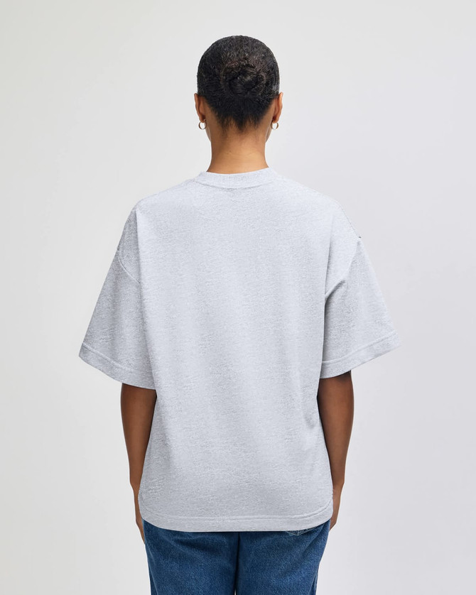A grey oversized unisex boxy top from American Apparel, featuring a simple design and short sleeves.