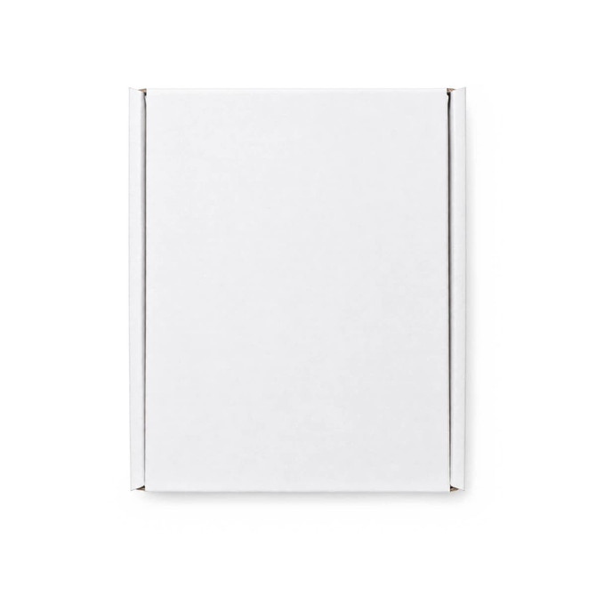 A white custom box with a locking lid, measuring 125 x 170 x 65mm, featuring a logo.