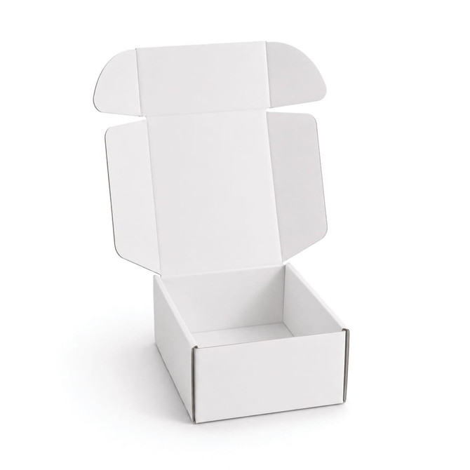 A white custom box with a locking lid, measuring 125 x 170 x 65mm, featuring an open design.