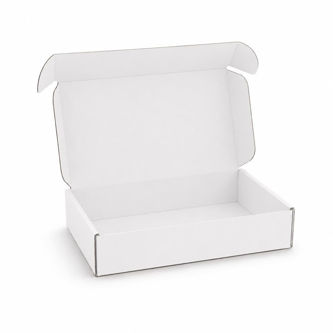 A white custom box with a locking lid, measuring 290 x 175 x 60mm, displayed in an open position.
