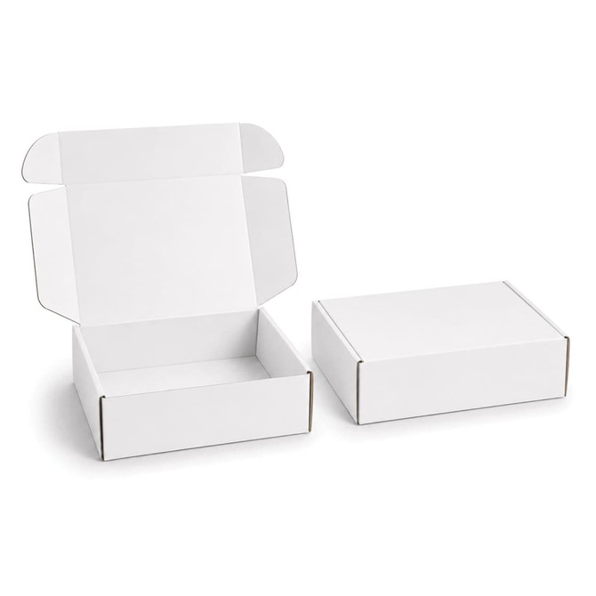 A white custom box with a locking lid, featuring an open and closed version.