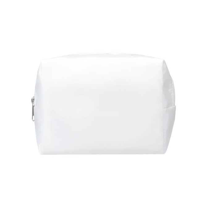 A white toiletry bag with a zipper closure and a logo. Compact and rectangular in shape.