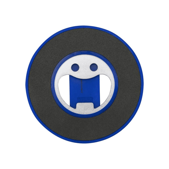 A drink bottle opener in blue and grey, featuring a magnetic phone stand and a smiling face design.