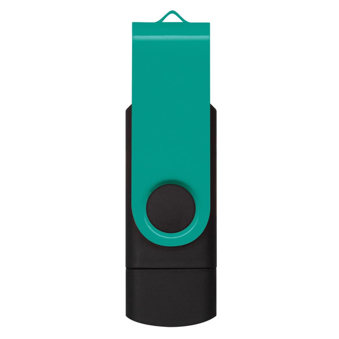 A dual flash drive in turquoise and black, featuring a clip for easy attachment and a branding logo.