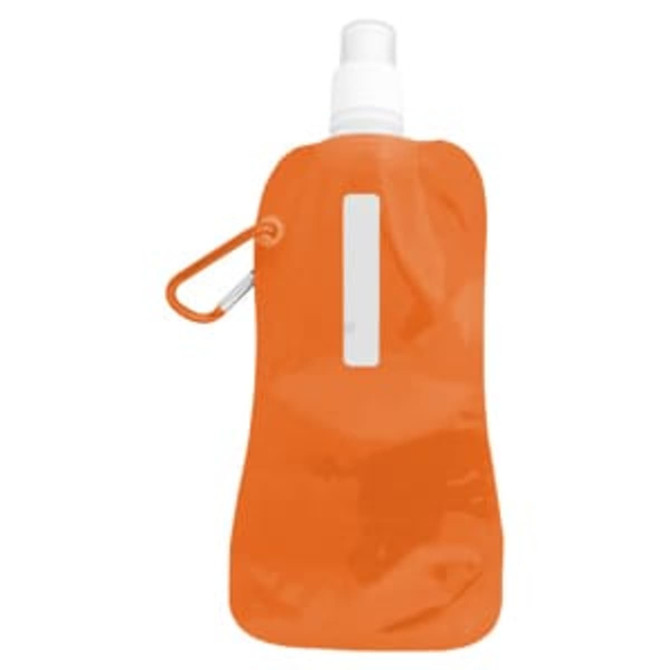 A drink bottle in bright orange with a white logo and a cap. Features a clip for easy attachment.