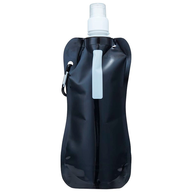 A drink bottle in black with a white nozzle and a carabiner attachment, featuring a sleek design.
