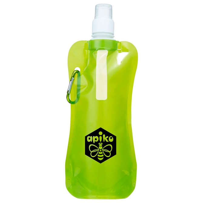A drink bottle in bright green with a flexible design and a carabiner clip. It features a logo on the front.