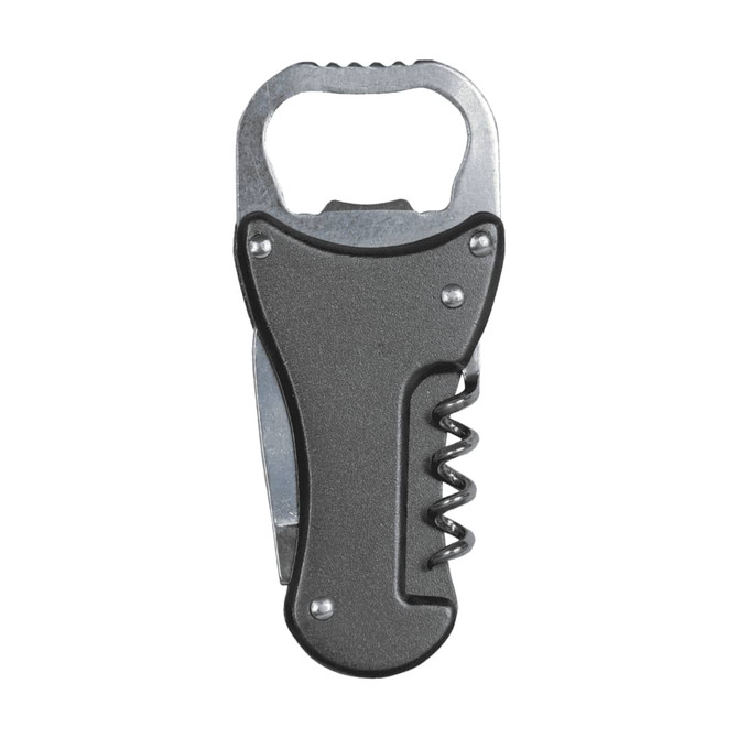 A drink bottle opener in black and silver, featuring a bottle opener, corkscrew, and a compact design.